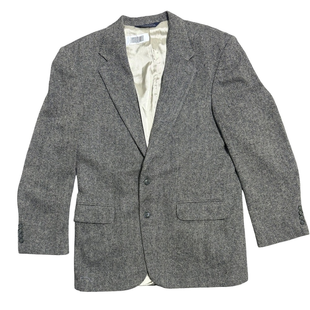 Lands' End Blazer Mens 42 Long Gray Herringbone Wool Sport Coat 2 Button Jacket